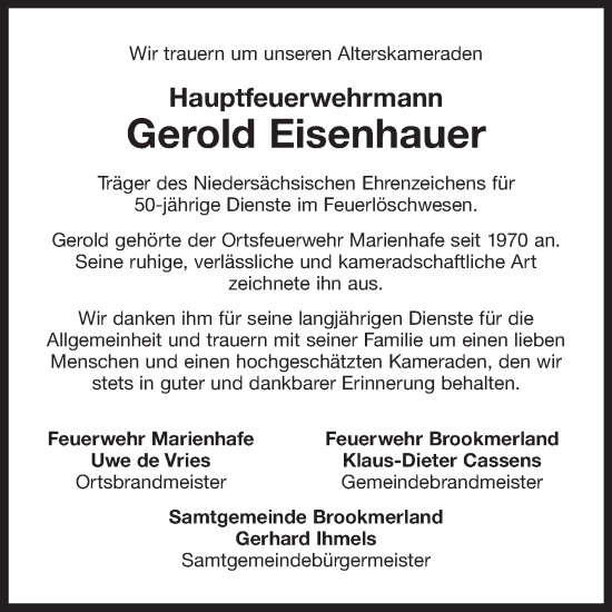 Traueranzeige von Gerold Eisenhauer von Ostfriesischer Kurier GmbH