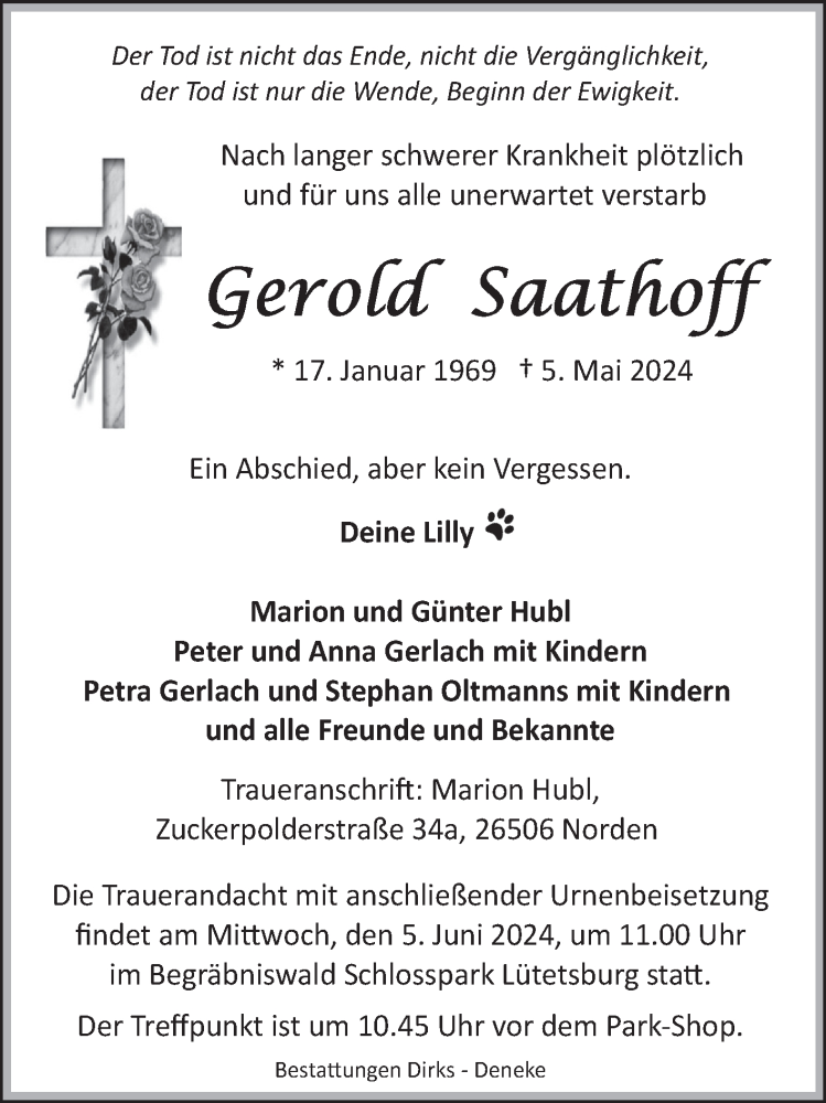  Traueranzeige für Gerold Saathoff vom 18.05.2024 aus Ostfriesischer Kurier GmbH