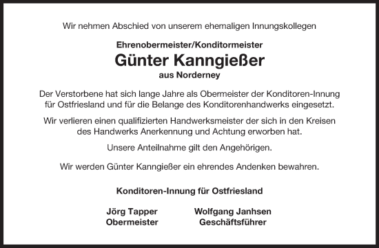 Traueranzeige von Günter Kanngießer von Ostfriesischer Kurier GmbH