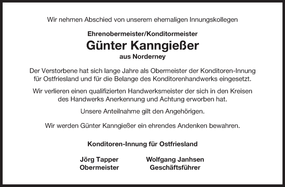  Traueranzeige für Günter Kanngießer vom 14.05.2024 aus Ostfriesischer Kurier GmbH