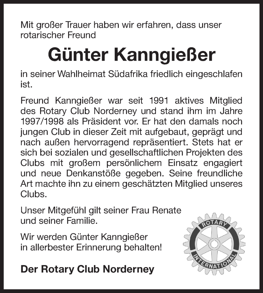  Traueranzeige für Günter Kanngießer vom 15.05.2024 aus Ostfriesischer Kurier GmbH