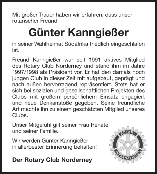 Traueranzeige von Günter Kanngießer von Ostfriesischer Kurier GmbH