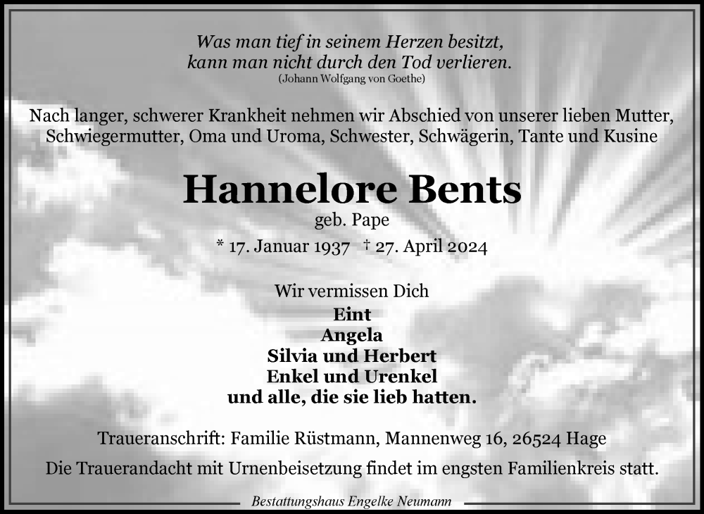  Traueranzeige für Hannelore Bents vom 04.05.2024 aus Ostfriesischer Kurier GmbH
