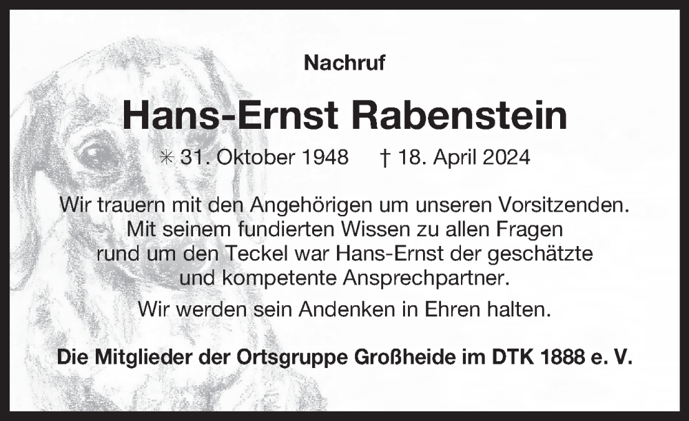 Traueranzeige für Hans-Ernst Rabenstein vom 15.05.2024 aus Ostfriesischer Kurier GmbH