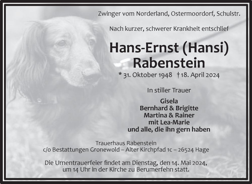  Traueranzeige für Hans-Ernst Rabenstein vom 08.05.2024 aus Ostfriesischer Kurier GmbH