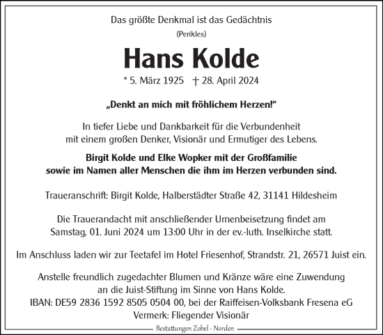 Traueranzeige von Hans Kolde von Ostfriesischer Kurier GmbH