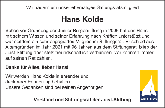 Traueranzeige von Hans Kolde von Ostfriesischer Kurier GmbH
