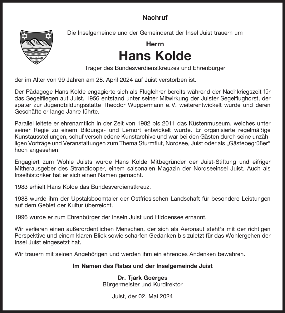 Traueranzeige für Hans Kolde vom 04.05.2024 aus Ostfriesischer Kurier GmbH