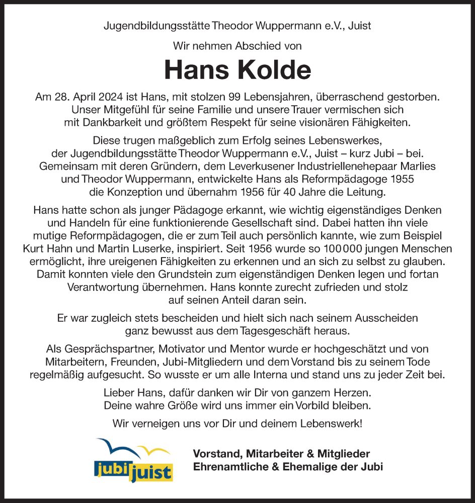  Traueranzeige für Hans Kolde vom 11.05.2024 aus Ostfriesischer Kurier GmbH