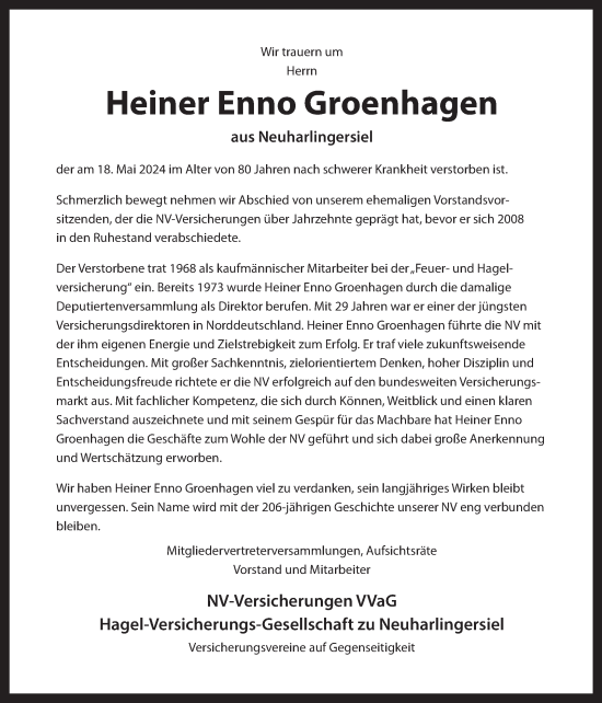 Traueranzeige von Heiner Enno Groenhagen von Ostfriesischer Kurier GmbH
