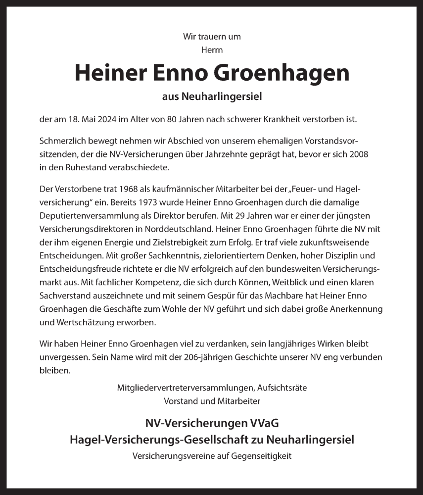  Traueranzeige für Heiner Enno Groenhagen vom 23.05.2024 aus Ostfriesischer Kurier GmbH