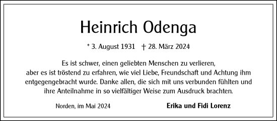 Traueranzeige von Heinrich Odenga von Ostfriesischer Kurier GmbH