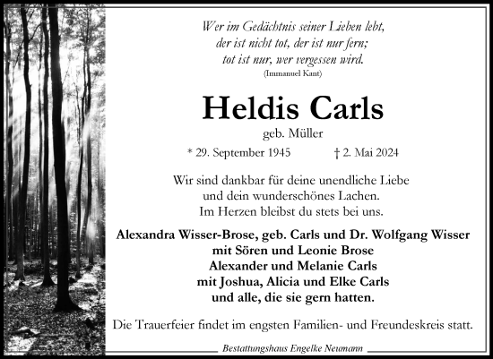 Traueranzeige von Heldis Carls von Ostfriesischer Kurier GmbH