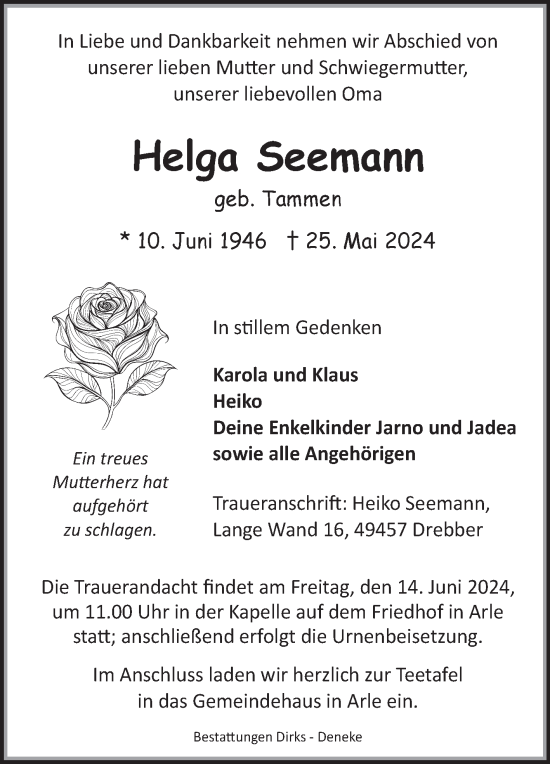 Traueranzeige von Helga Seemann von Ostfriesischer Kurier GmbH