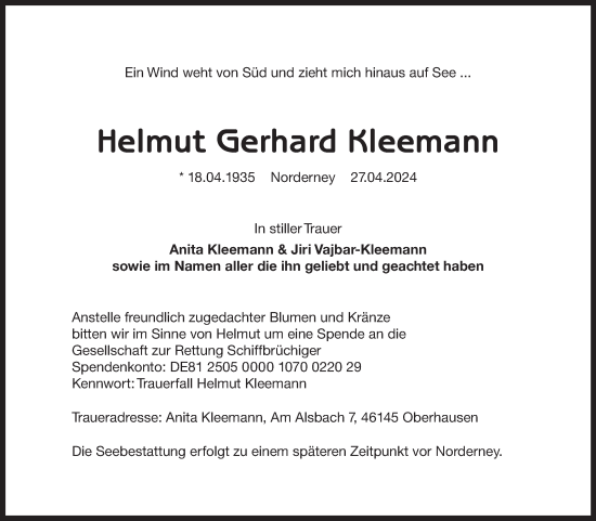 Traueranzeige von Helmut Gerhard Kleemann von Ostfriesischer Kurier GmbH