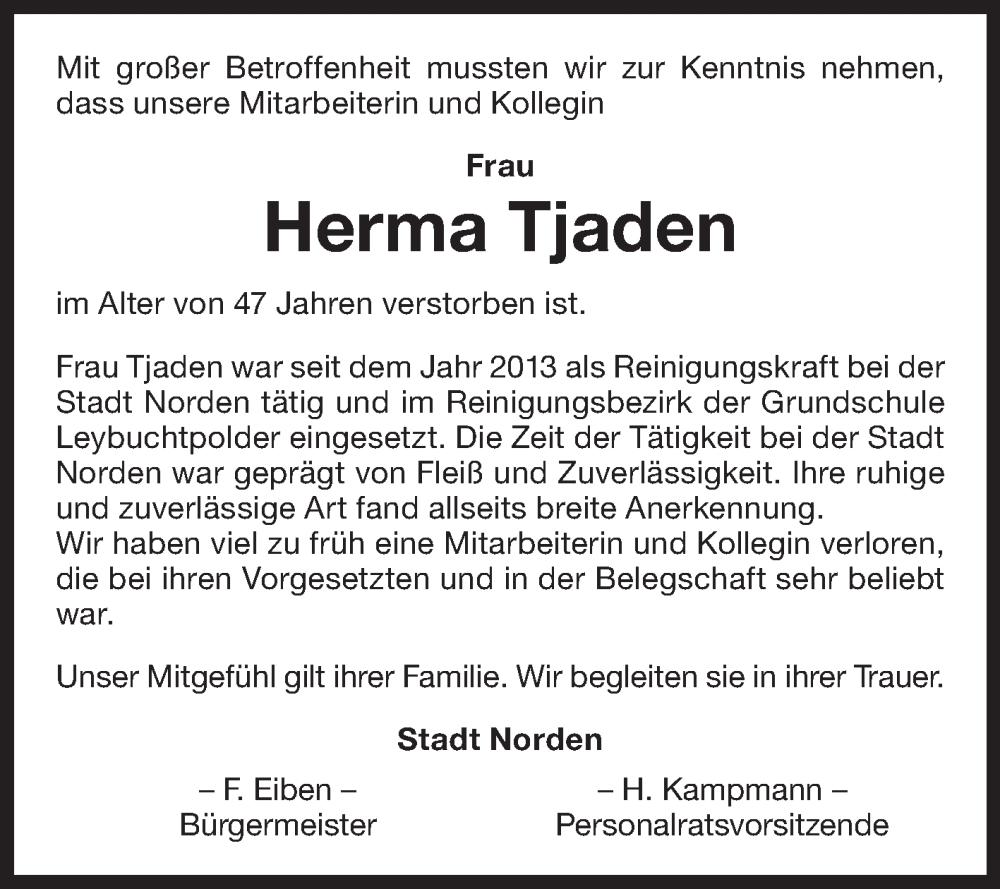  Traueranzeige für Herma Tjaden vom 15.05.2024 aus Ostfriesischer Kurier GmbH