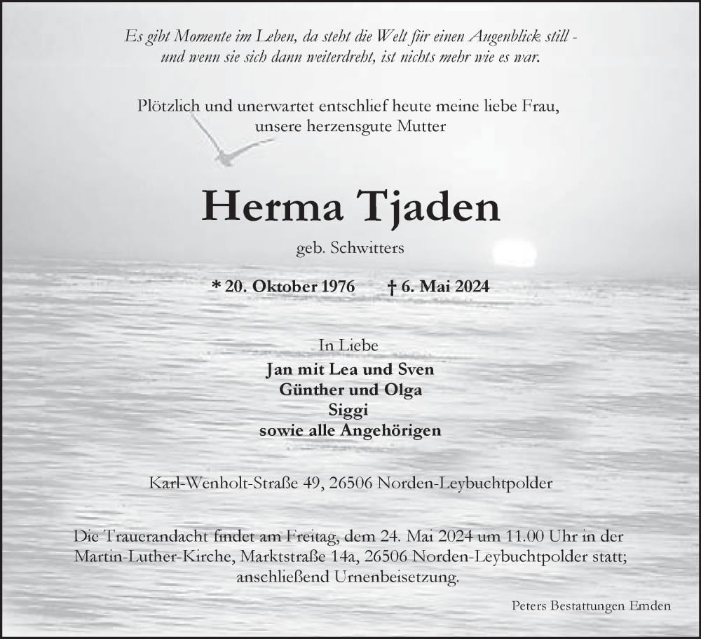  Traueranzeige für Herma Tjaden vom 11.05.2024 aus Ostfriesischer Kurier GmbH