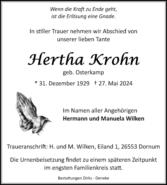 Traueranzeige von Hertha Krohn von Ostfriesischer Kurier GmbH
