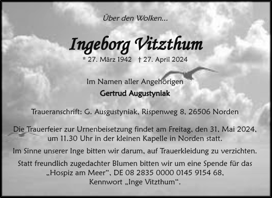 Traueranzeige von Ingeborg Vitzthum von Ostfriesischer Kurier GmbH