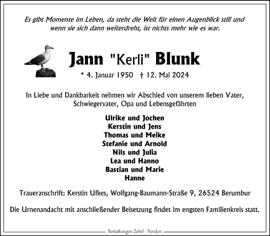 Traueranzeige von Jann Blunk von Ostfriesischer Kurier GmbH
