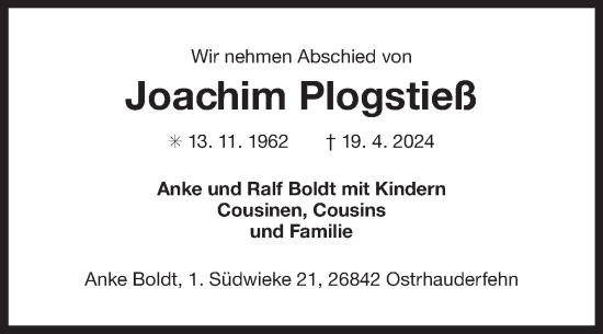 Traueranzeige von Joachim Plogstieß von Ostfriesischer Kurier GmbH