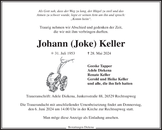 Traueranzeige von Johann Keller von Ostfriesischer Kurier GmbH
