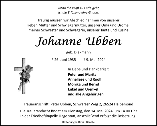 Traueranzeige von Johanne Ubben von Ostfriesischer Kurier GmbH