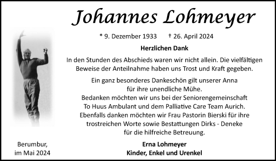 Traueranzeige von Johannes Lohmeyer von Ostfriesischer Kurier GmbH