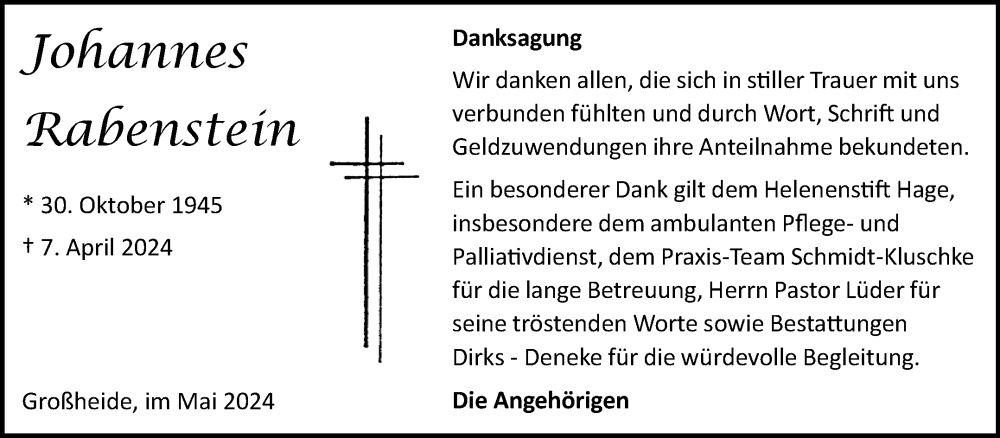  Traueranzeige für Johannes Rabenstein vom 11.05.2024 aus Ostfriesischer Kurier GmbH