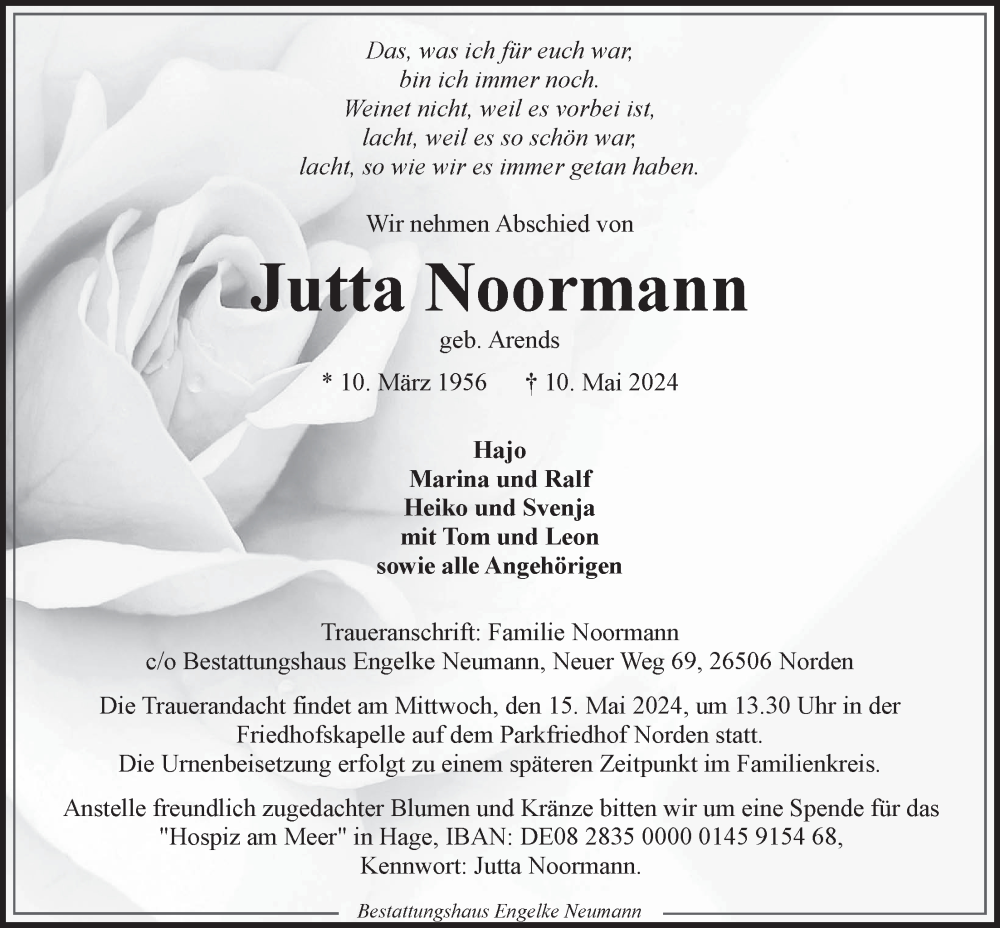  Traueranzeige für Jutta Noormann vom 13.05.2024 aus Ostfriesischer Kurier GmbH