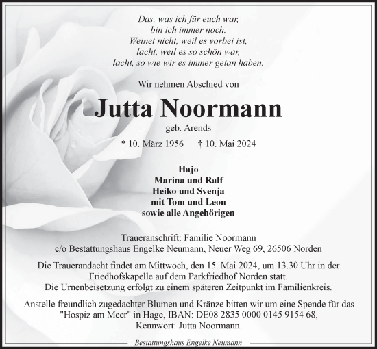 Traueranzeige von Jutta Noormann von Ostfriesischer Kurier GmbH