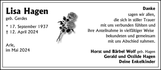 Traueranzeige von Lisa Hagen von Ostfriesischer Kurier GmbH