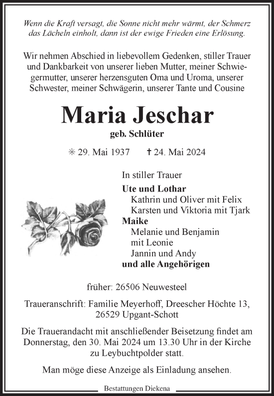 Traueranzeige von Maria Jeschar von Ostfriesischer Kurier GmbH