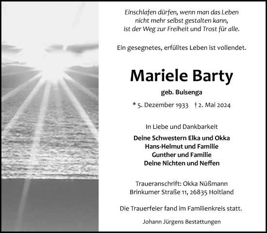 Traueranzeige von Mariele Barty von Ostfriesischer Kurier GmbH