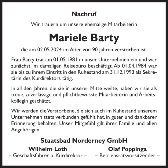 Traueranzeige von Mariele Barty von Ostfriesischer Kurier GmbH