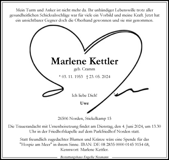Traueranzeige von Marlene Kettler von Ostfriesischer Kurier GmbH