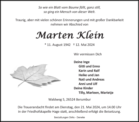 Traueranzeige von Marten Klein von Ostfriesischer Kurier GmbH