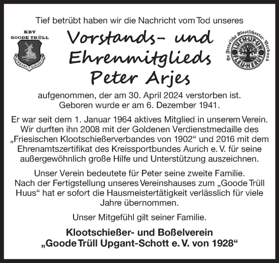 Traueranzeige von Peter Arjes von Ostfriesischer Kurier GmbH