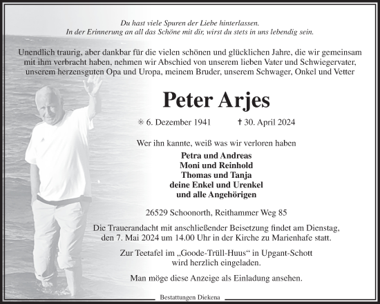 Traueranzeige von Peter Arjes von Ostfriesischer Kurier GmbH