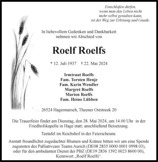 Traueranzeige von Roelf Roelfs von Ostfriesischer Kurier GmbH