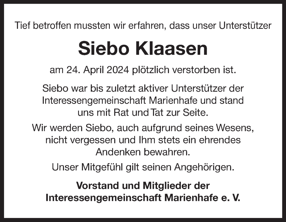  Traueranzeige für Siebo Klaasen vom 03.05.2024 aus Ostfriesischer Kurier GmbH