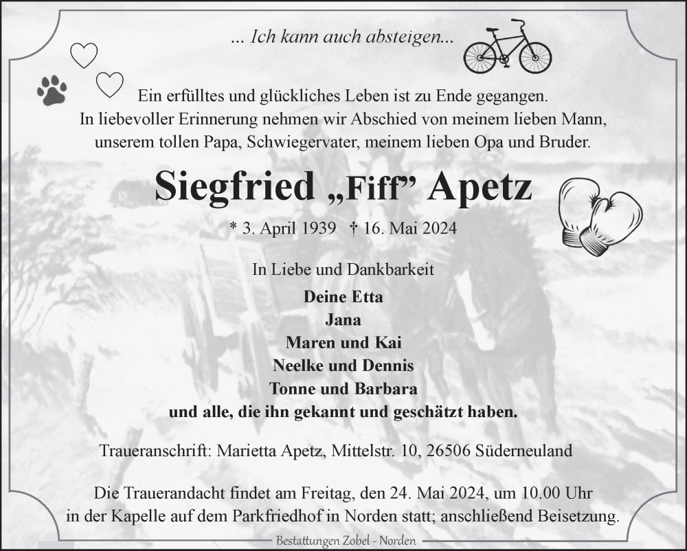  Traueranzeige für Siegfried Apetz vom 21.05.2024 aus Ostfriesischer Kurier GmbH