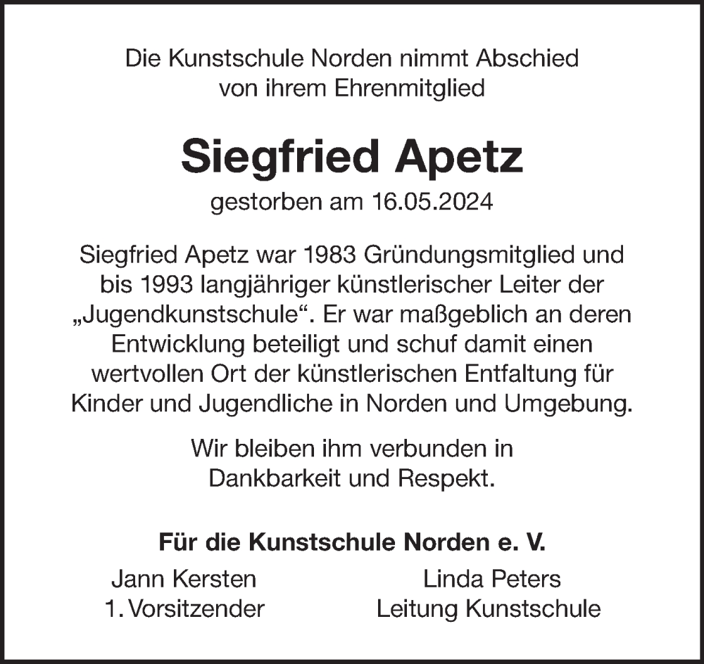  Traueranzeige für Siegfried Apetz vom 25.05.2024 aus Ostfriesischer Kurier GmbH