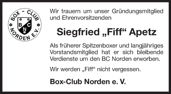 Traueranzeige von Siegfried Apetz von Ostfriesischer Kurier GmbH