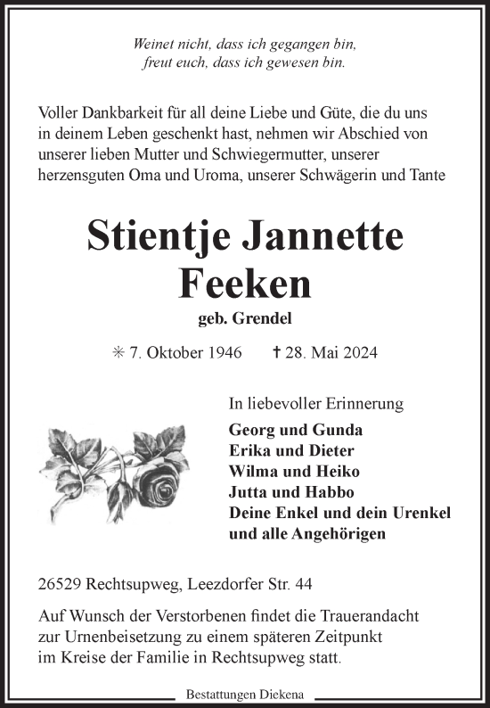 Traueranzeige von Stientje Jannette Feeken von Ostfriesischer Kurier GmbH