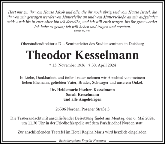 Traueranzeige von Theodor Kesselmann von Ostfriesischer Kurier GmbH