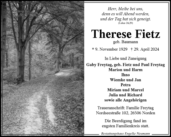 Traueranzeige von Therese Fietz von Ostfriesischer Kurier GmbH