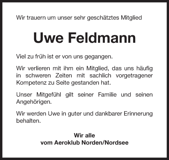 Traueranzeige von Uwe Feldmann von Ostfriesischer Kurier GmbH
