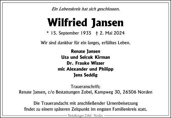 Traueranzeige von Wilfried Jansen von Ostfriesischer Kurier GmbH