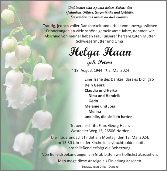 Traueranzeige von Helga Haan von Ostfriesischer Kurier GmbH